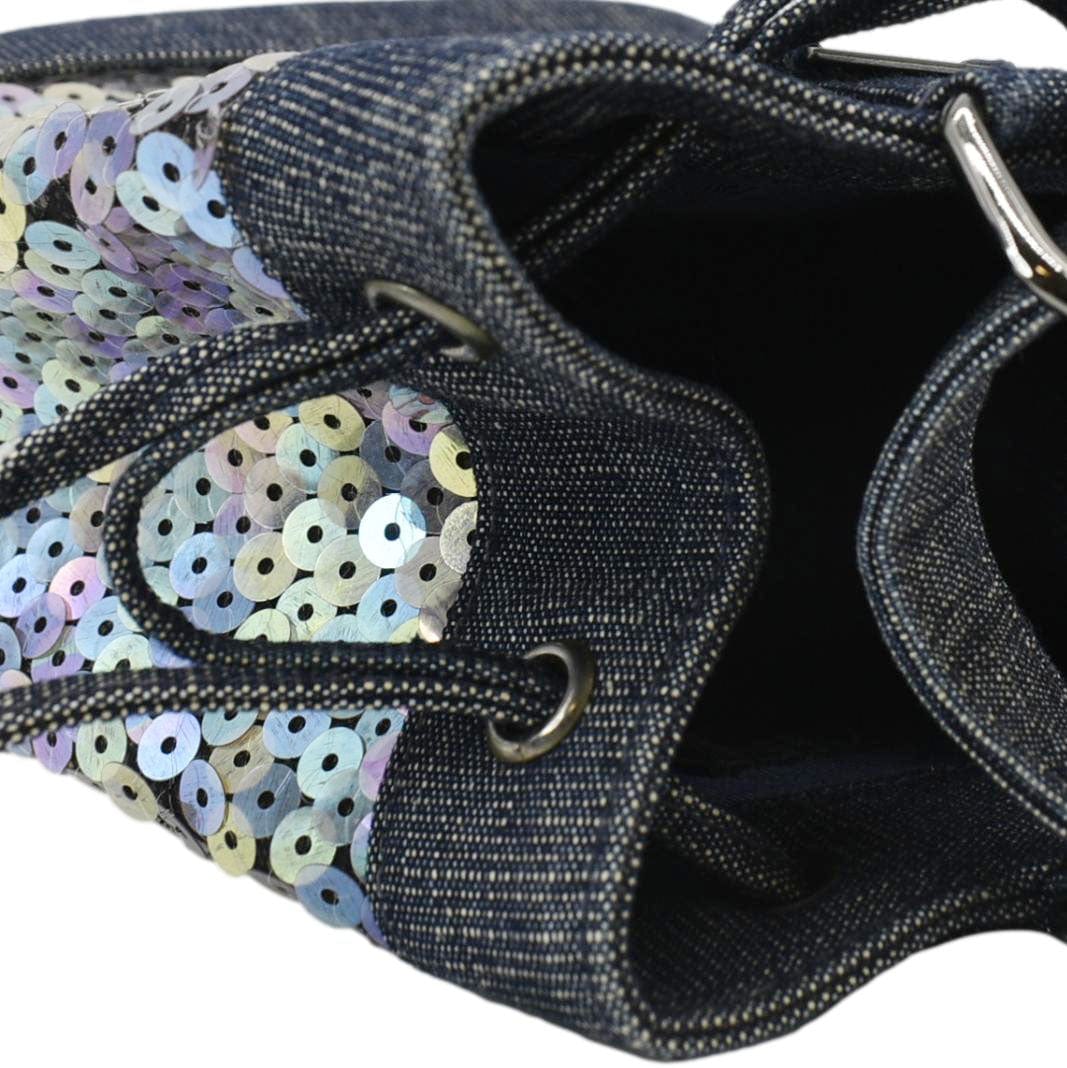 Chanel Sequin Denim Small Drawstring Bucket Bag Blue