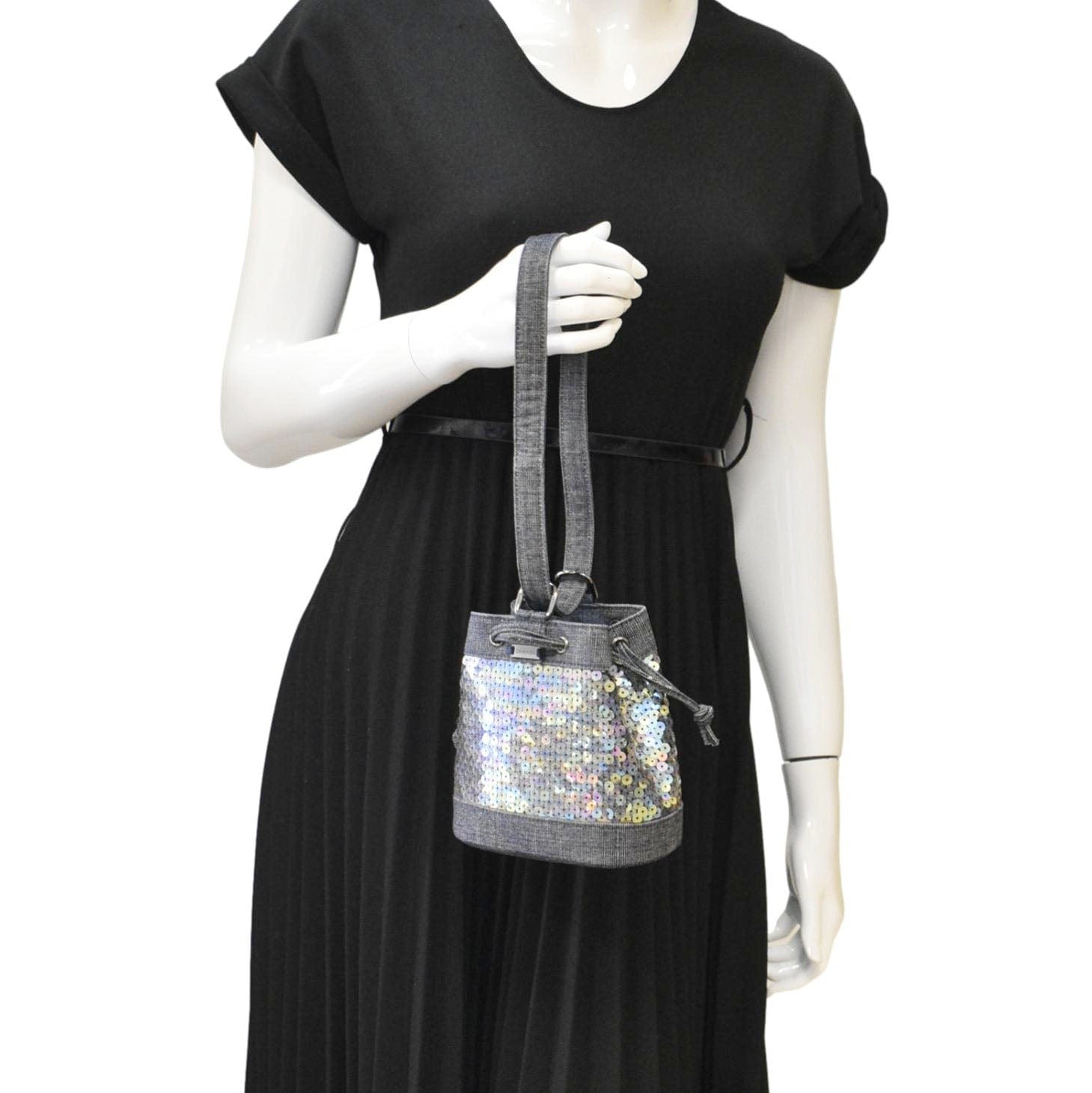 Chanel Sequin Denim Small Drawstring Bucket Bag Blue