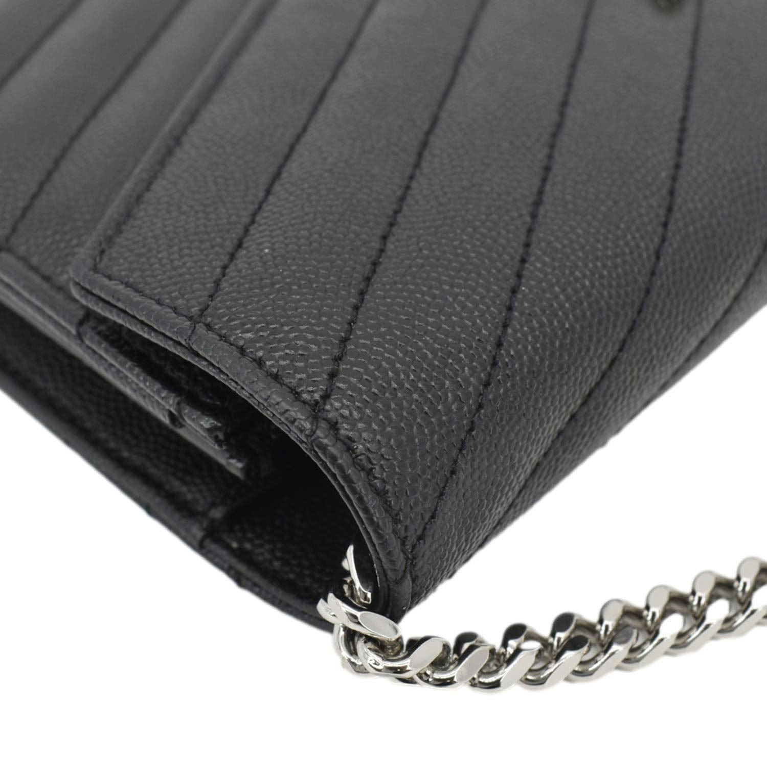 YVES SAINT LAURENT Envelope Chevron Leather Chain Wallet Crossbody Bag Black
