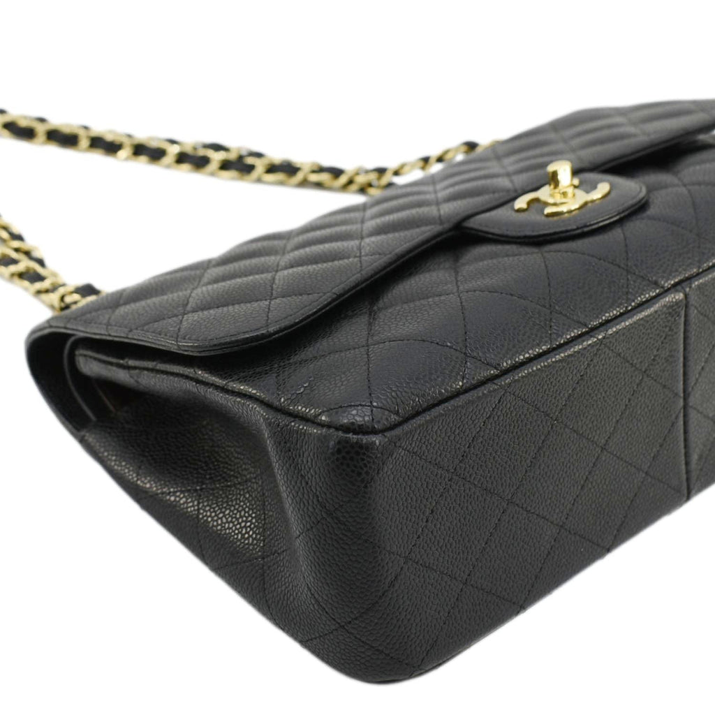 Chanel Classic Jumbo Double Flap Quilted Caviar Leather Shoulder Bag Black
