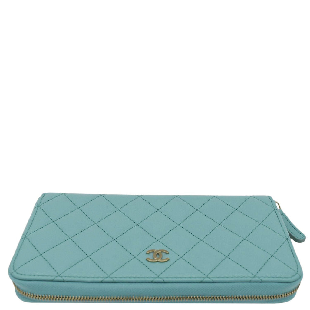 Chanel Zip Around Quilted Caviar Leather Wallet Turquoise