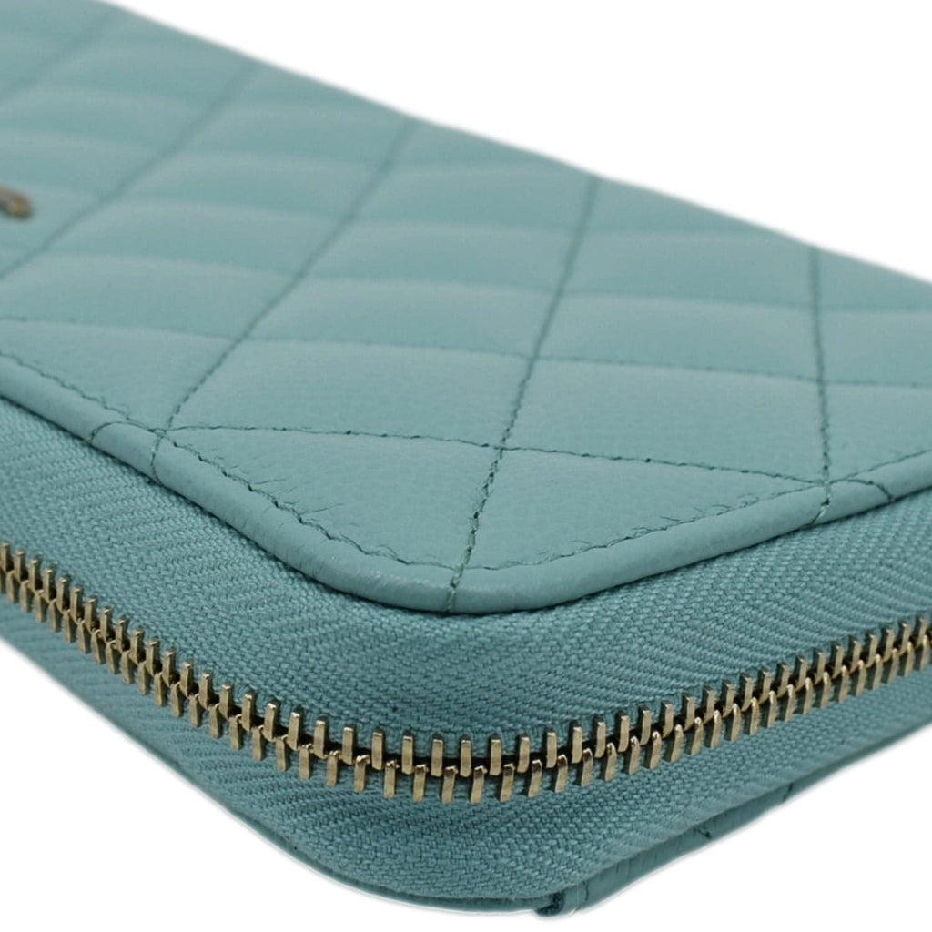 Chanel Zip Around Quilted Caviar Leather Wallet Turquoise