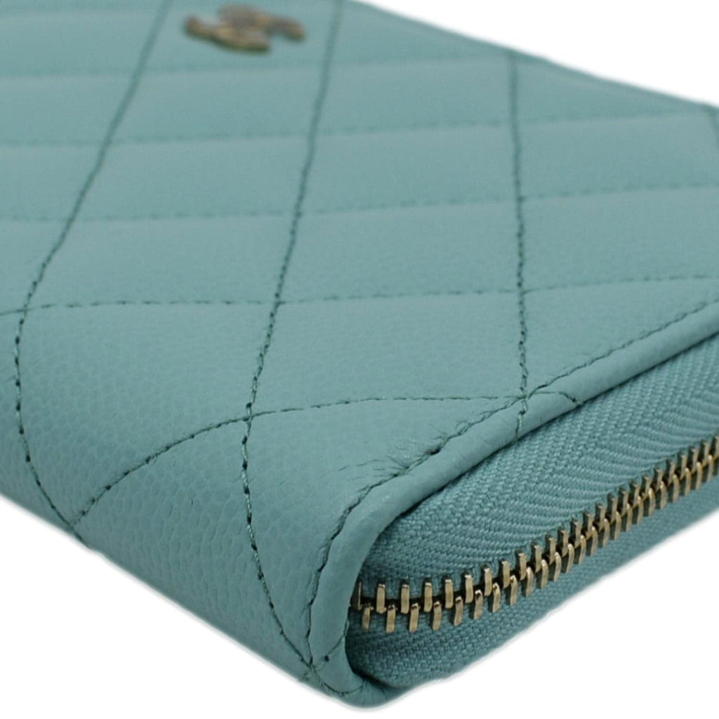 Chanel Zip Around Quilted Caviar Leather Wallet Turquoise