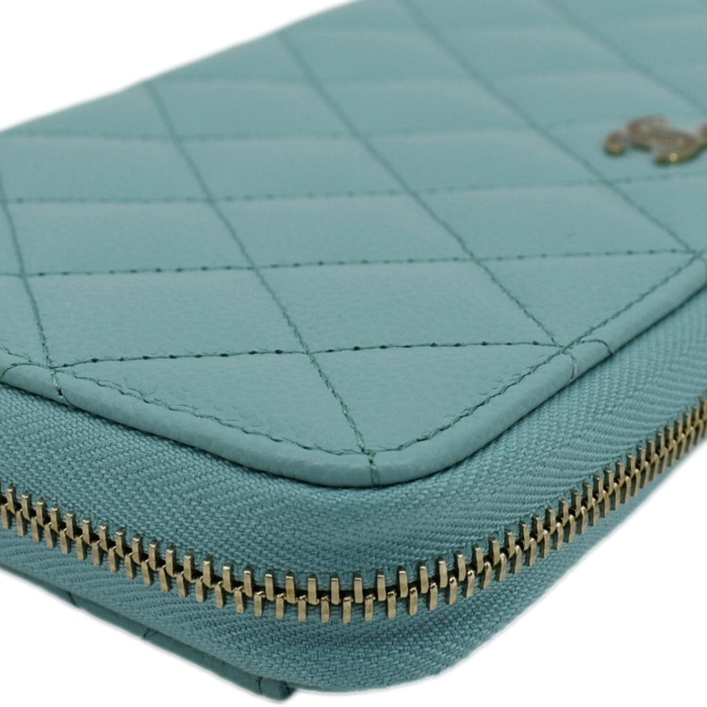 Chanel Zip Around Quilted Caviar Leather Wallet Turquoise