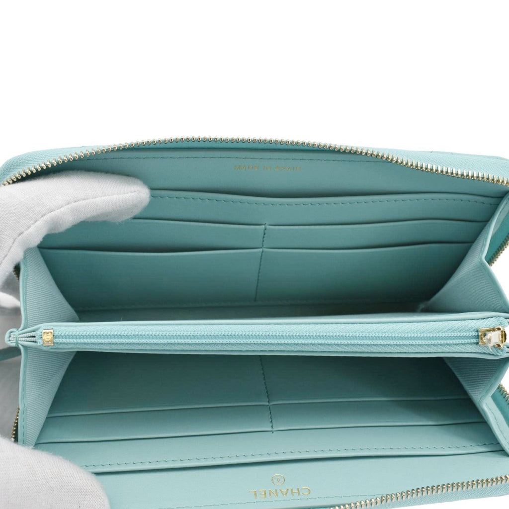 Chanel Zip Around Quilted Caviar Leather Wallet Turquoise