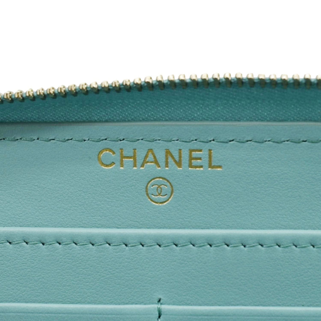 Chanel Zip Around Quilted Caviar Leather Wallet Turquoise