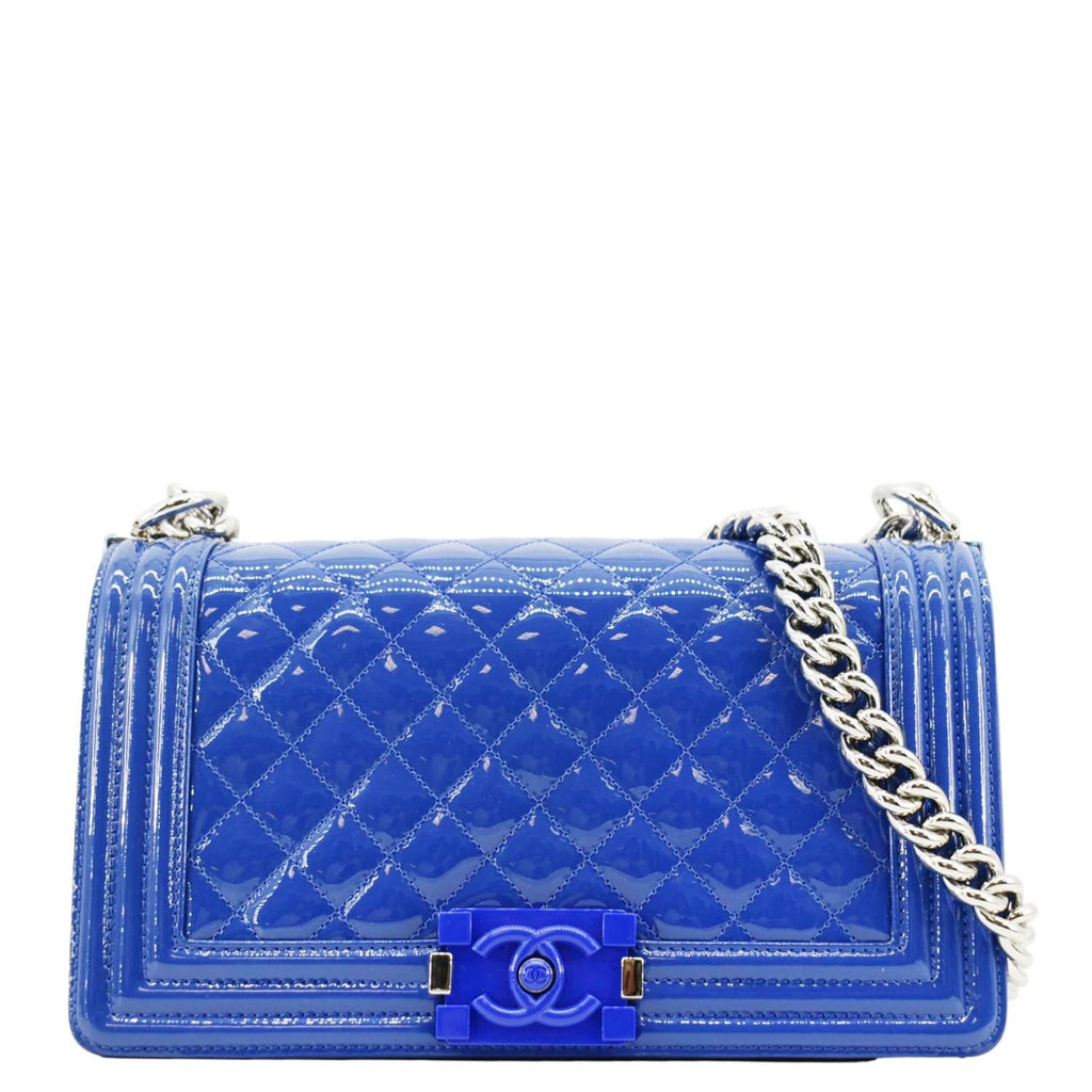 Chanel Boy Flap Old Medium Plexiglass Patent Leather Crossbody Bag Blue