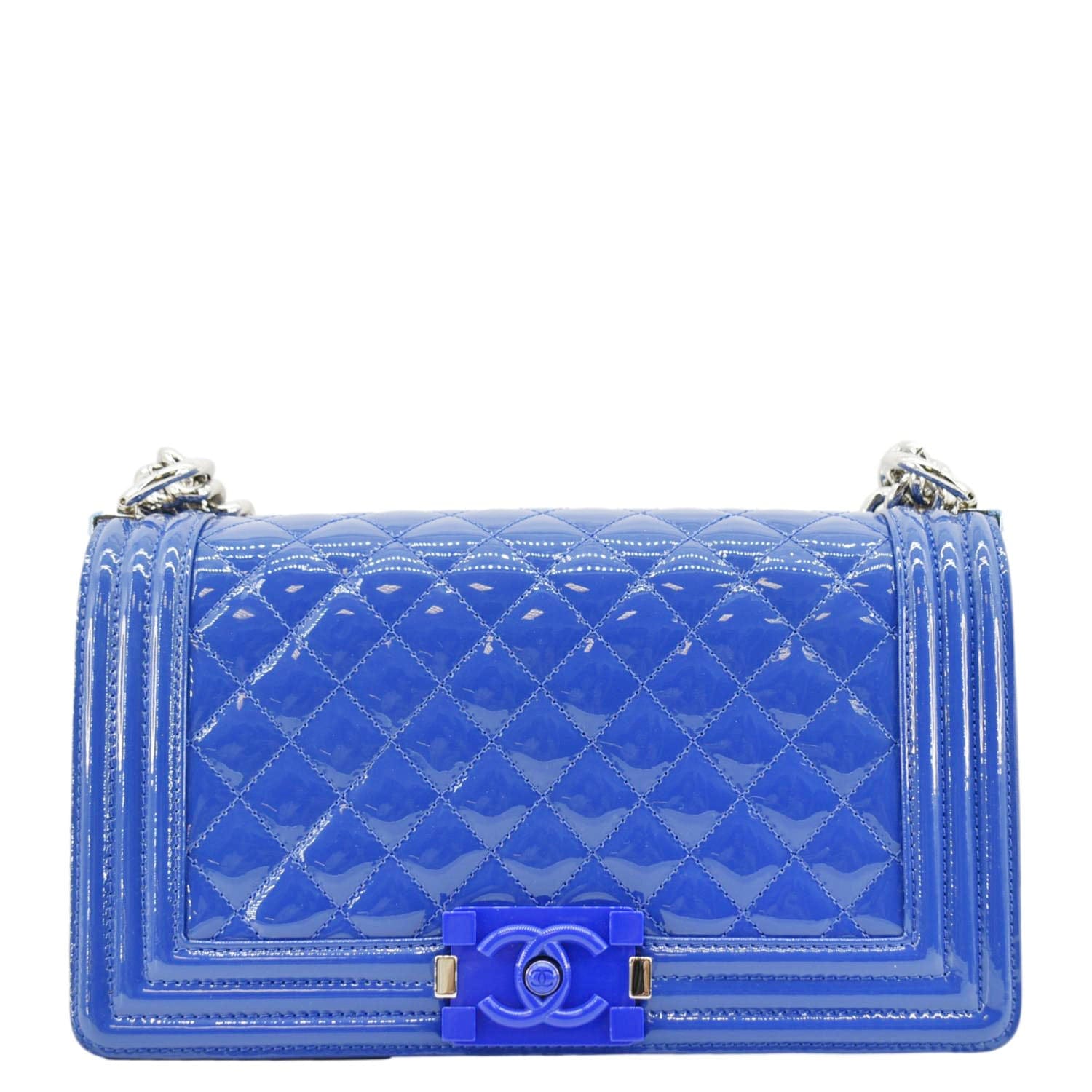 Chanel Boy Flap Old Medium Plexiglass Patent Leather Crossbody Bag Blue