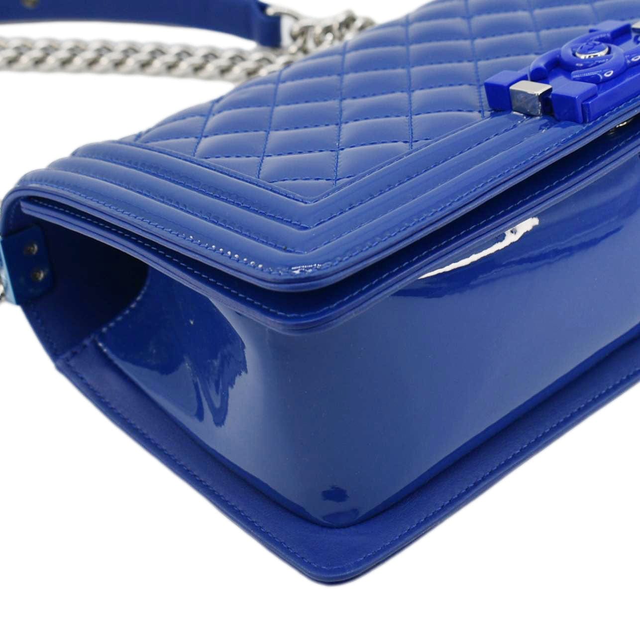 Chanel Boy Flap Old Medium Plexiglass Patent Leather Crossbody Bag Blue