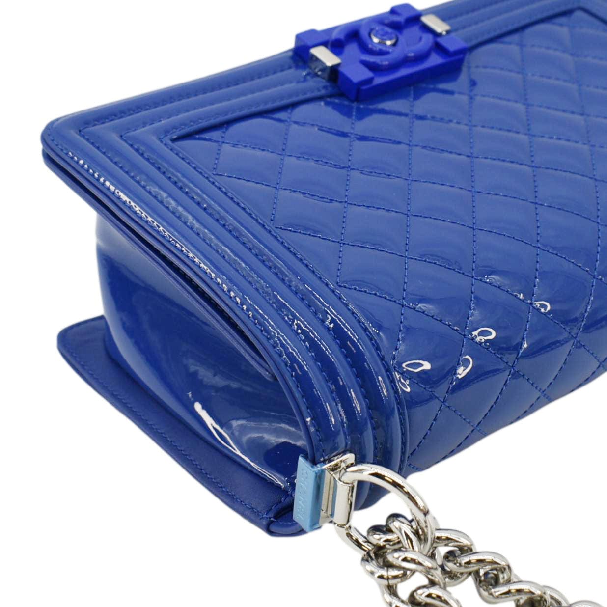 Chanel Boy Flap Old Medium Plexiglass Patent Leather Crossbody Bag Blue
