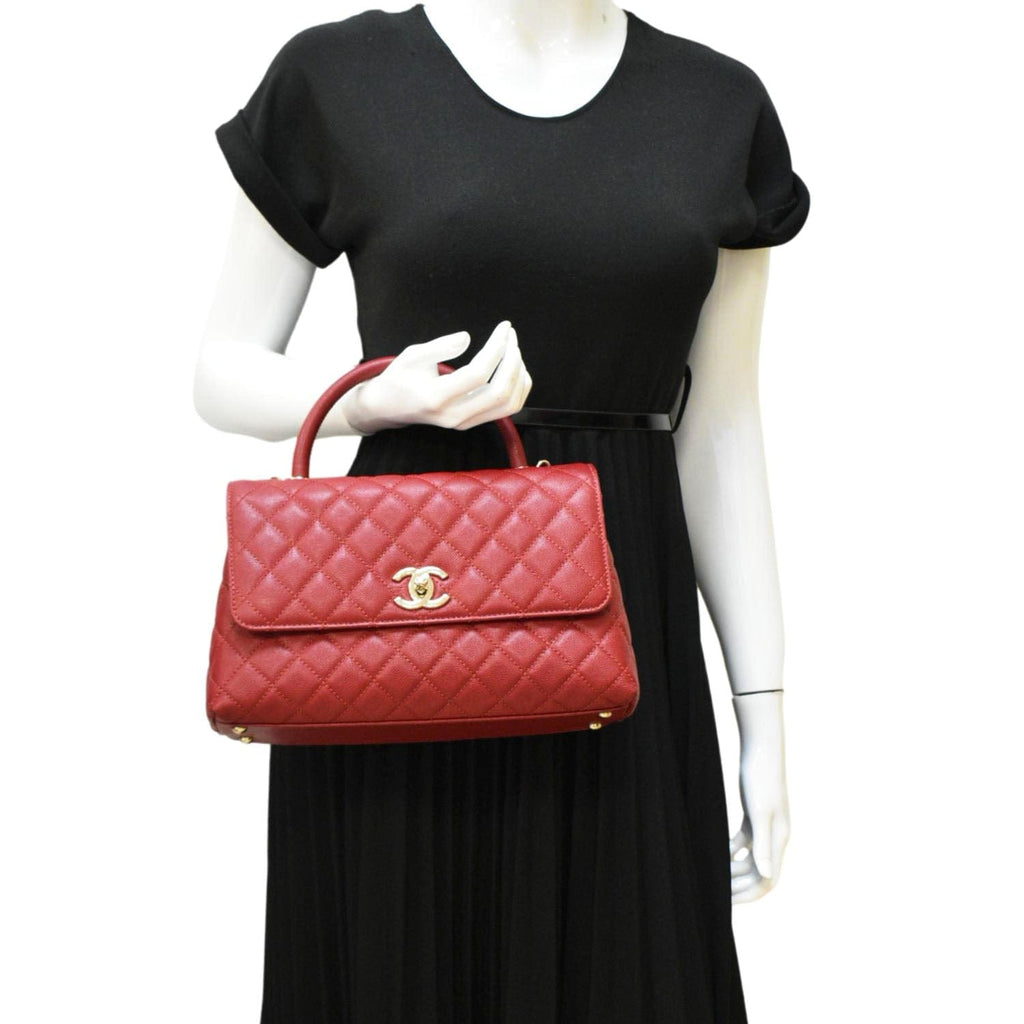 Chanel CC Coco Caviar Leather Top Handle Flap Shoulder Bag Red