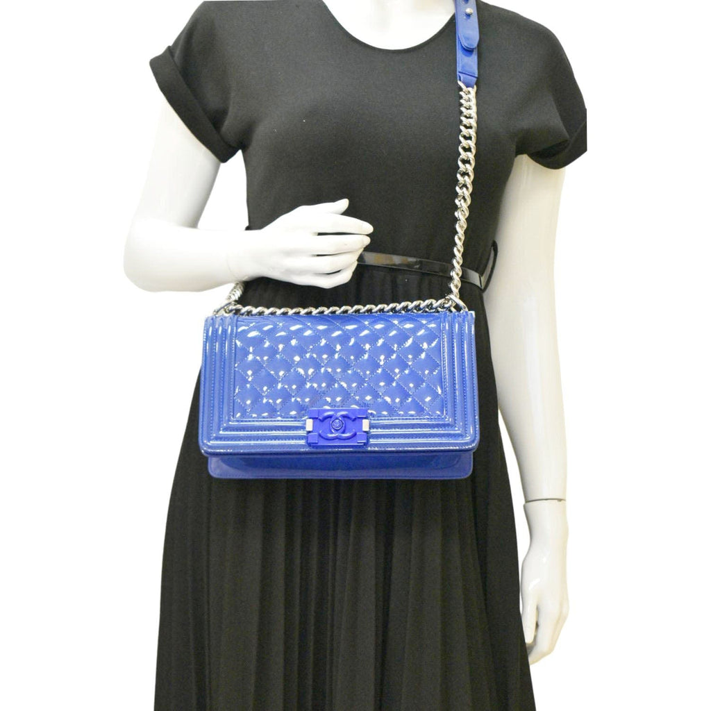Chanel Boy Flap Old Medium Plexiglass Patent Leather Crossbody Bag Blue