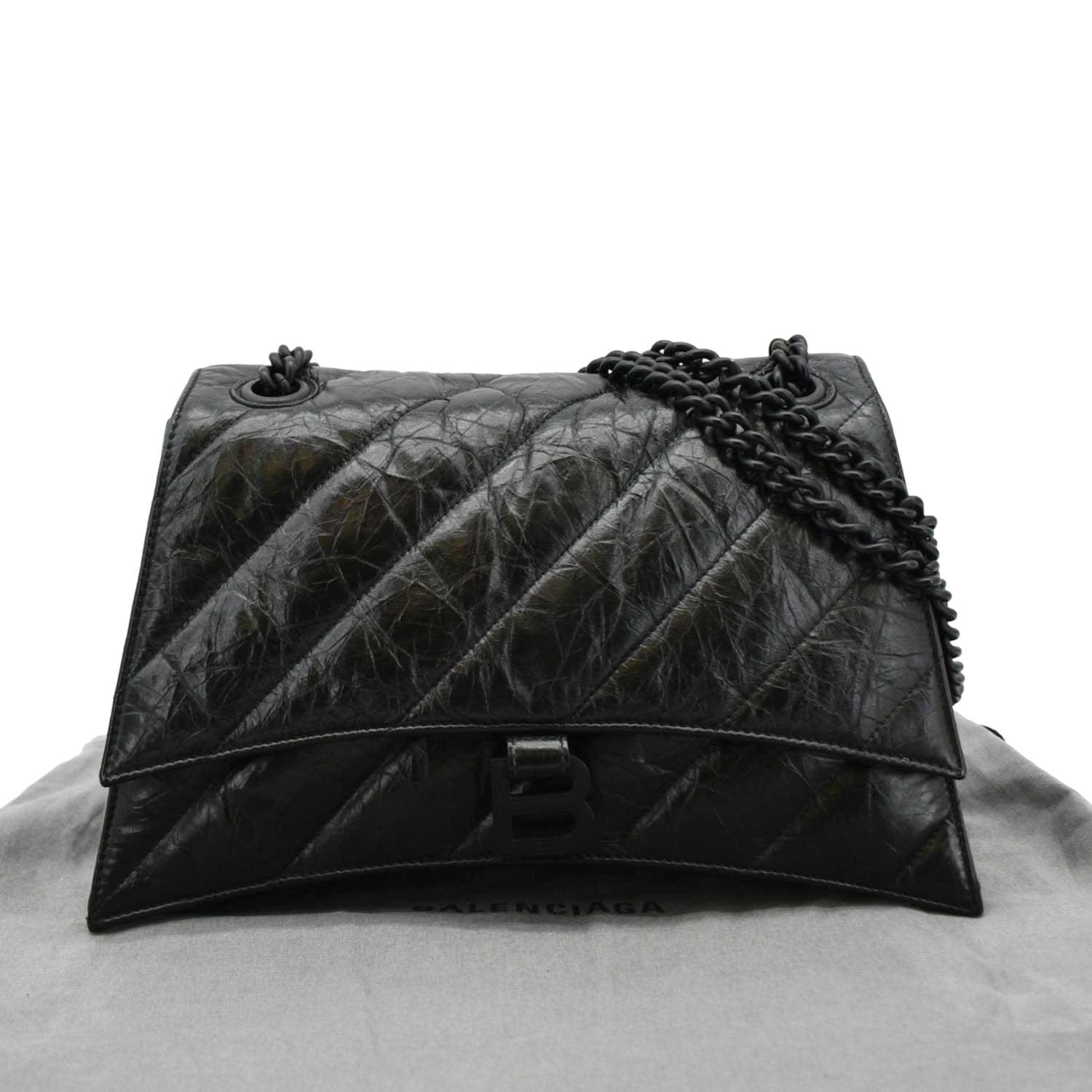BALENCIAGA Hourglass Medium Crushed Leather Chain Wallet Shoulder Bag Black
