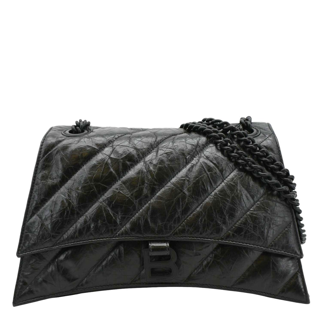 BALENCIAGA Hourglass Medium Crushed Leather Chain Wallet Shoulder Bag Black