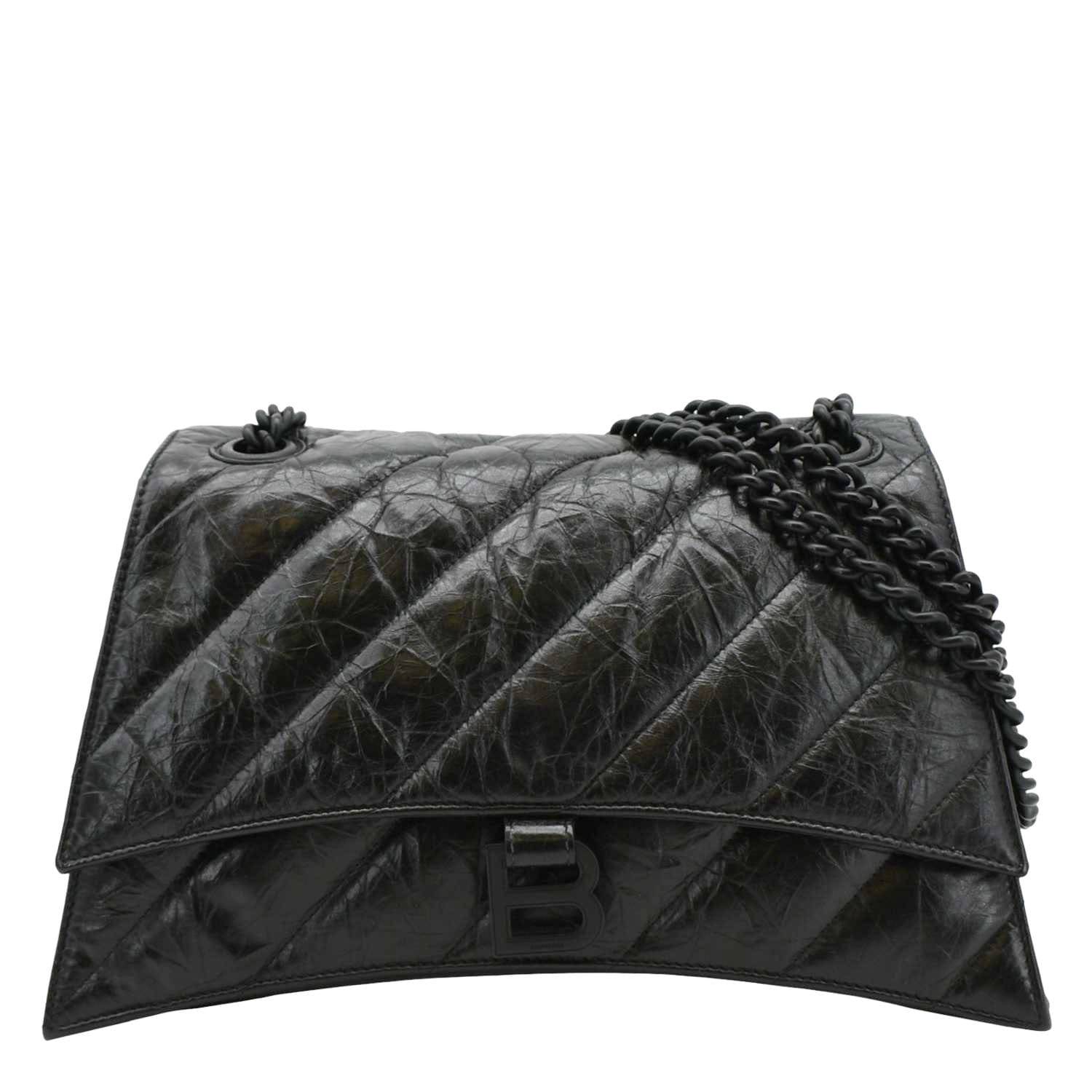 BALENCIAGA Hourglass Medium Crushed Leather Chain Wallet Shoulder Bag Black