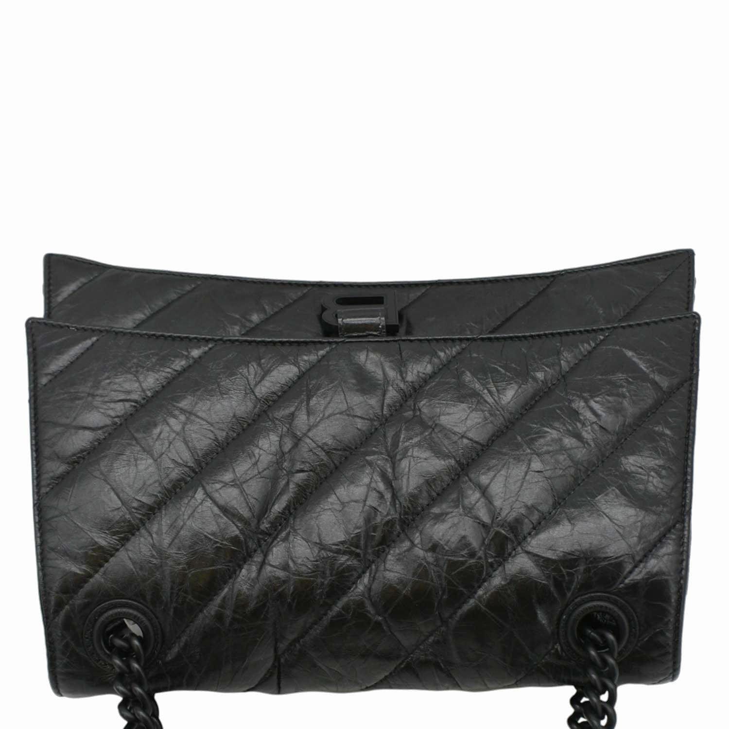 BALENCIAGA Hourglass Medium Crushed Leather Chain Wallet Shoulder Bag Black