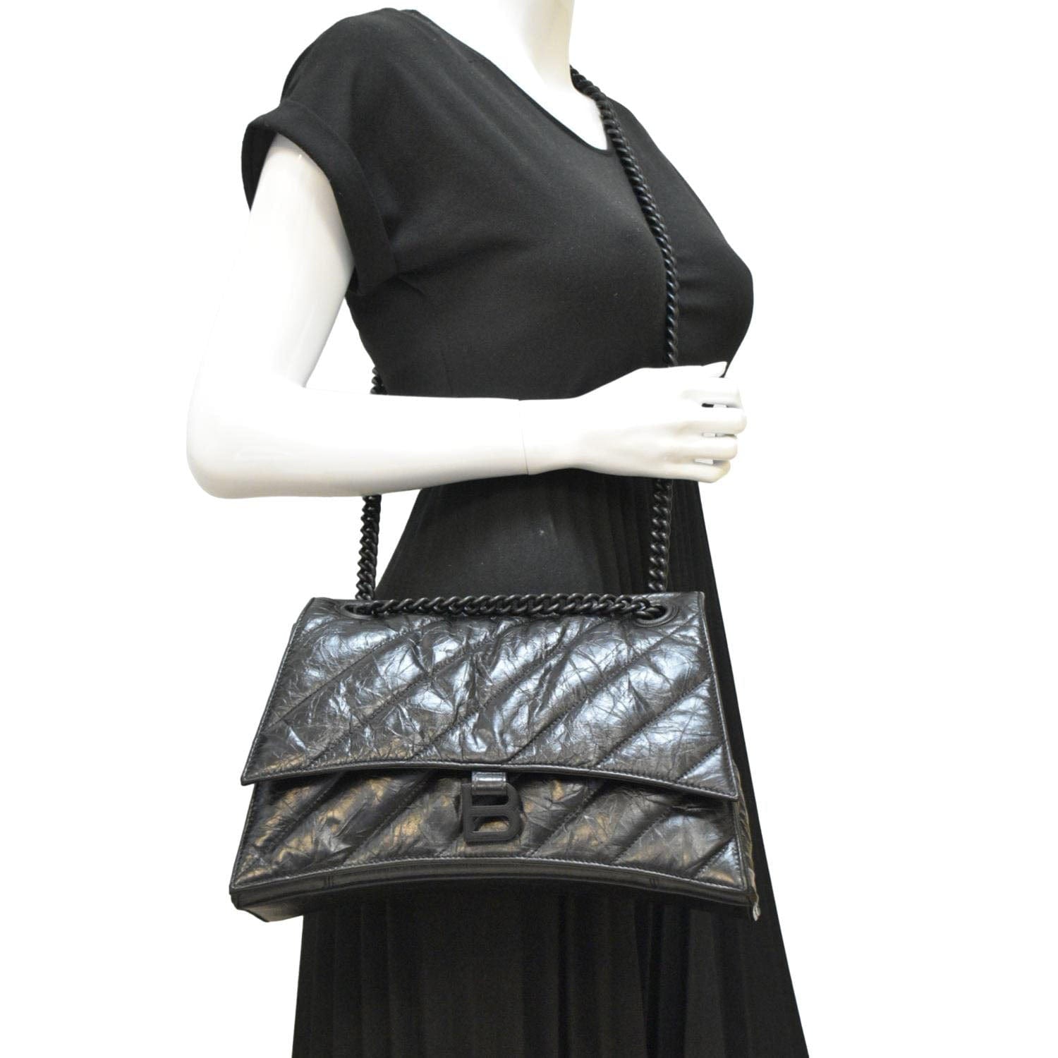 BALENCIAGA Hourglass Medium Crushed Leather Chain Wallet Shoulder Bag Black