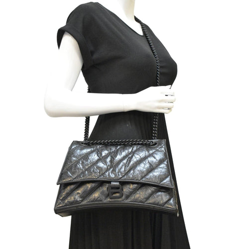 BALENCIAGA Hourglass Medium Crushed Leather Chain Wallet Shoulder Bag Black