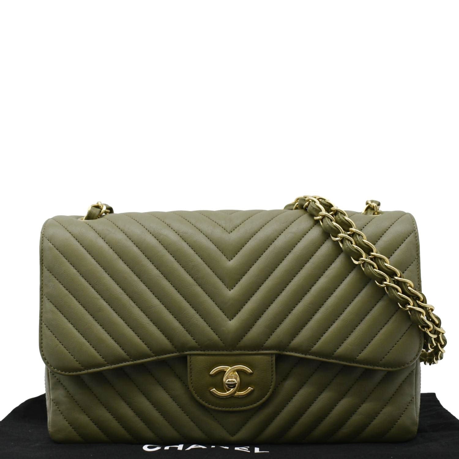 Chanel Classic Jumbo Flap Chevron Leather Crossbody Bag Olive