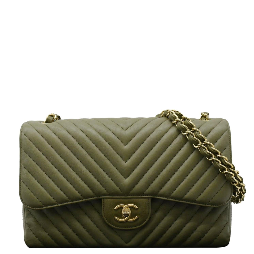 Chanel Classic Jumbo Flap Chevron Leather Crossbody Bag Olive