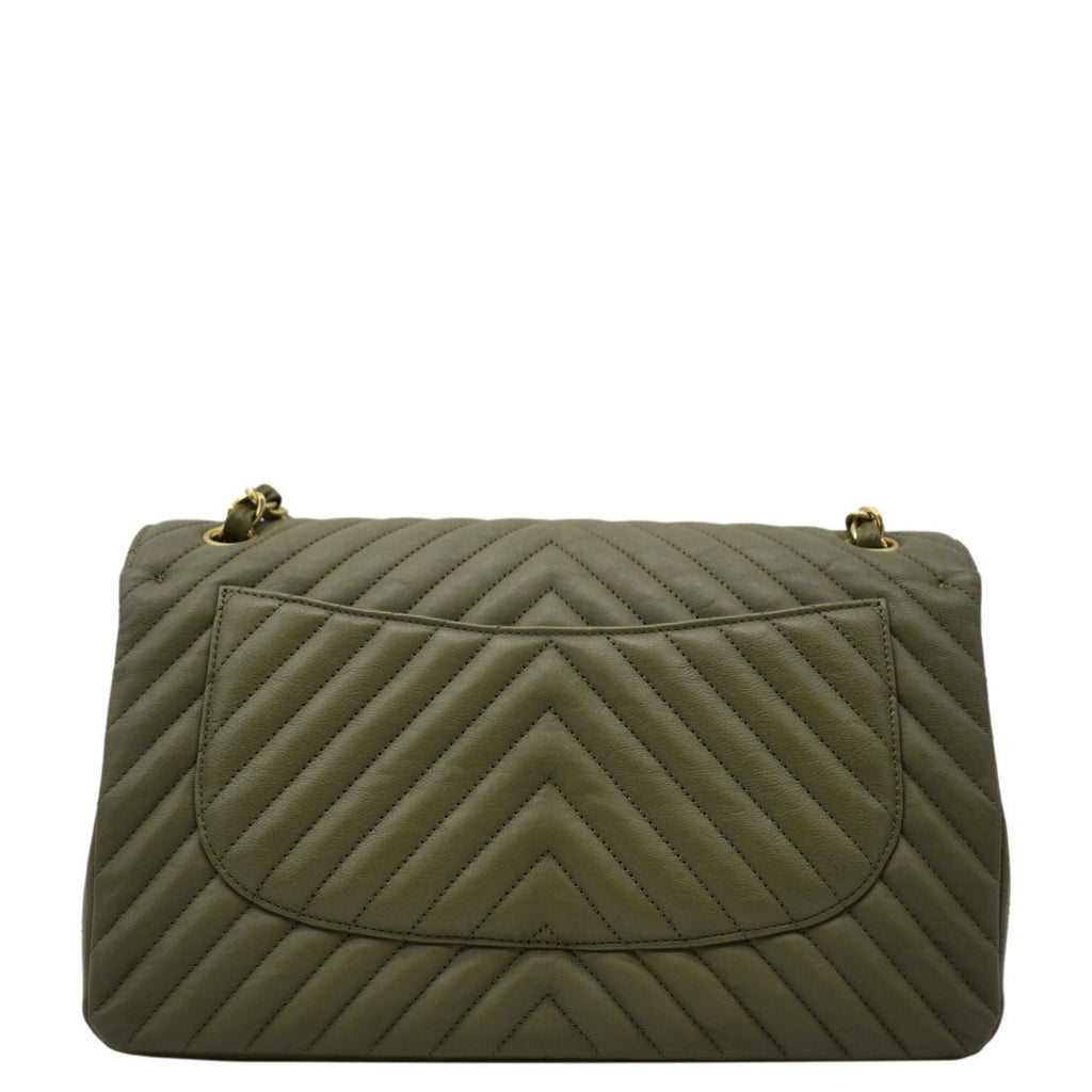 Chanel Classic Jumbo Flap Chevron Leather Crossbody Bag Olive