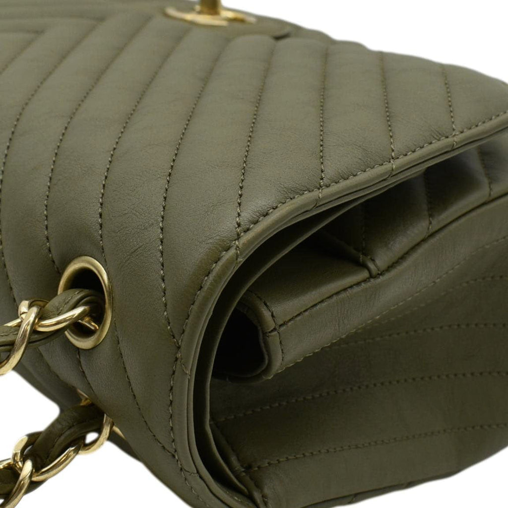 Chanel Classic Jumbo Flap Chevron Leather Crossbody Bag Olive