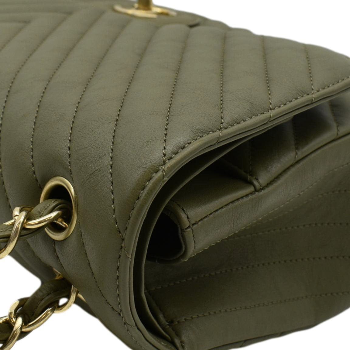Chanel Classic Jumbo Flap Chevron Leather Crossbody Bag Olive