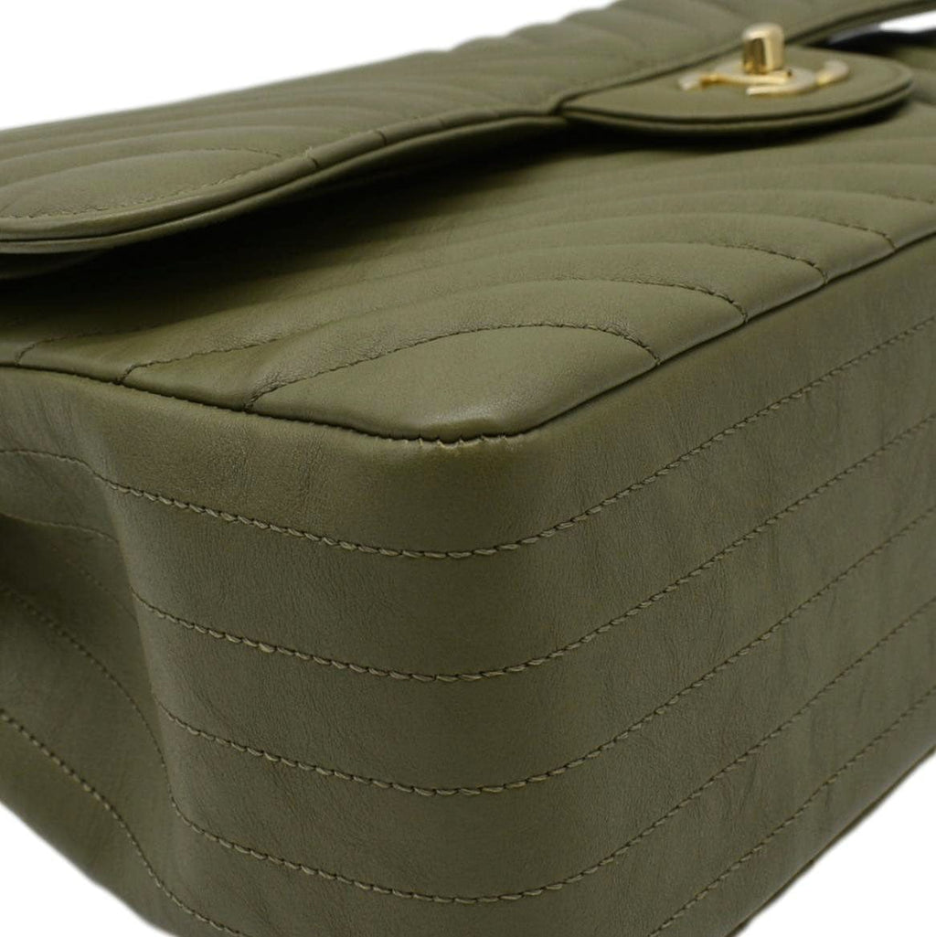 Chanel Classic Jumbo Flap Chevron Leather Crossbody Bag Olive