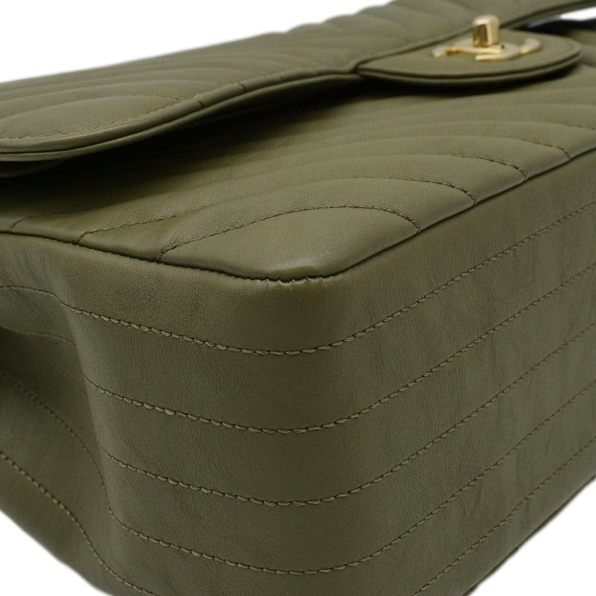 Chanel Classic Jumbo Flap Chevron Leather Crossbody Bag Olive