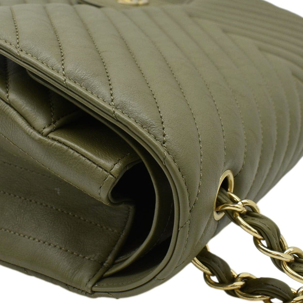 Chanel Classic Jumbo Flap Chevron Leather Crossbody Bag Olive
