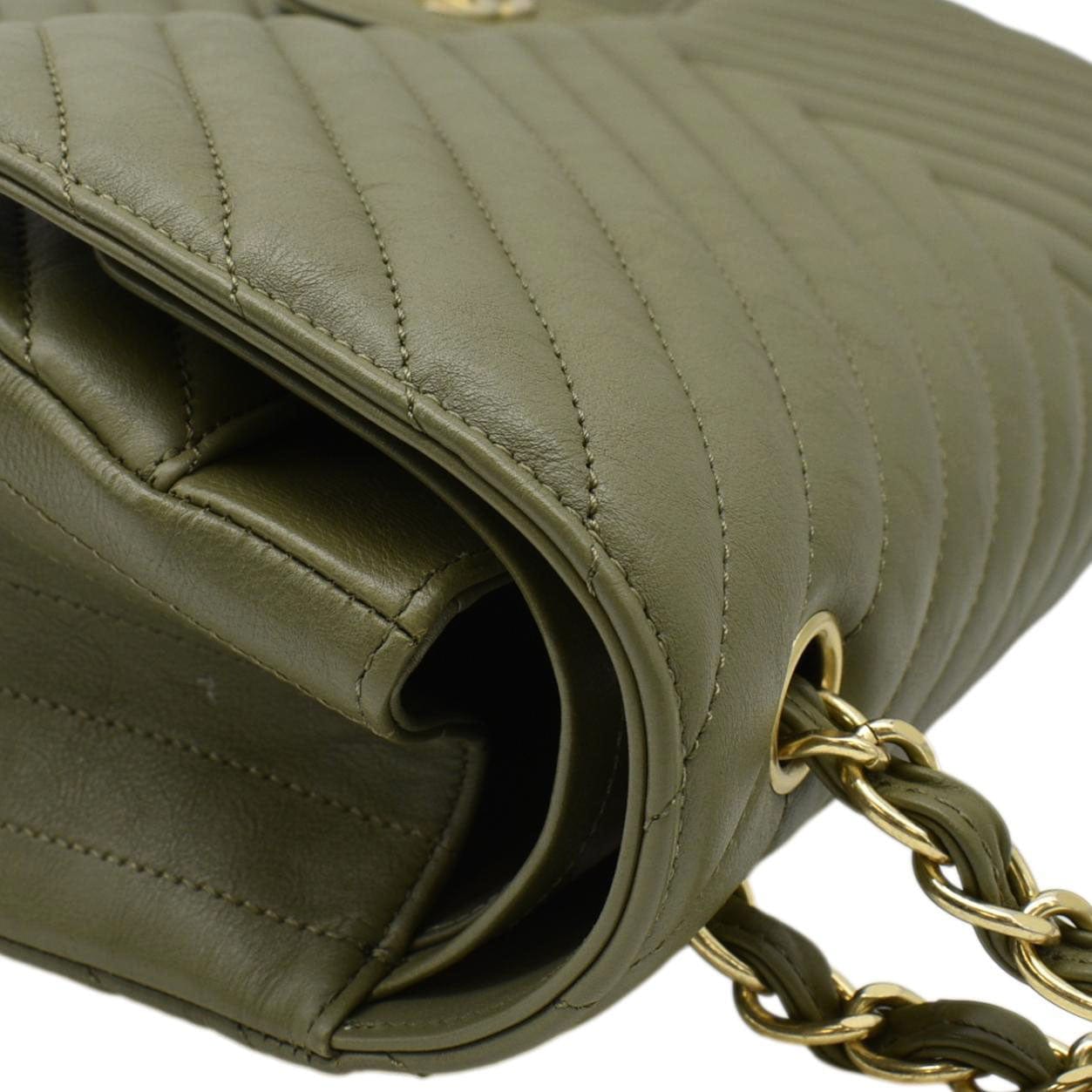 Chanel Classic Jumbo Flap Chevron Leather Crossbody Bag Olive