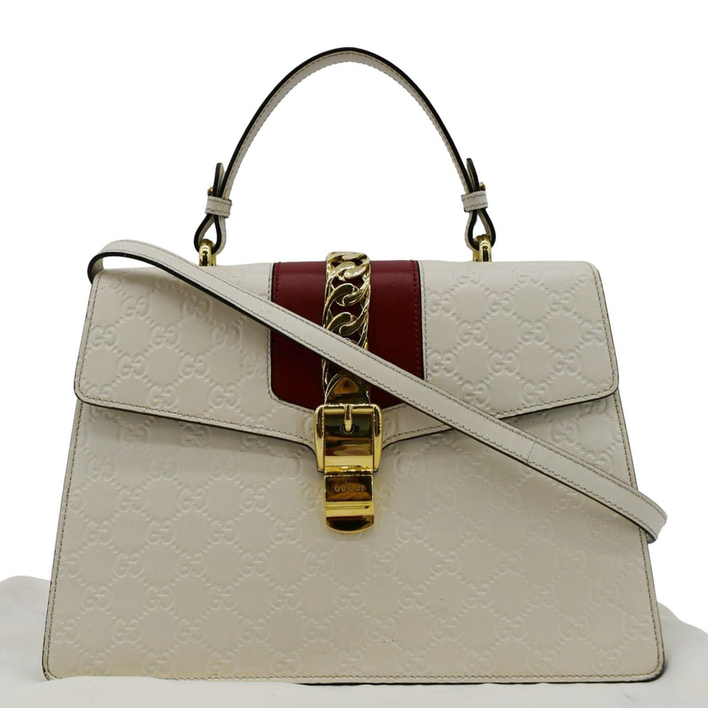 GUCCI Sylvie Medium Gucci Signature Leather Top Handle Shoulder Bag Off White 431665