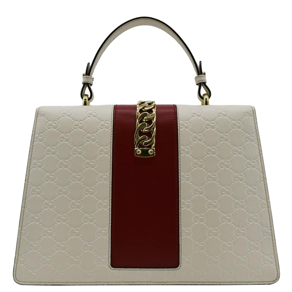 GUCCI Sylvie Medium Gucci Signature Leather Top Handle Shoulder Bag Off White 431665