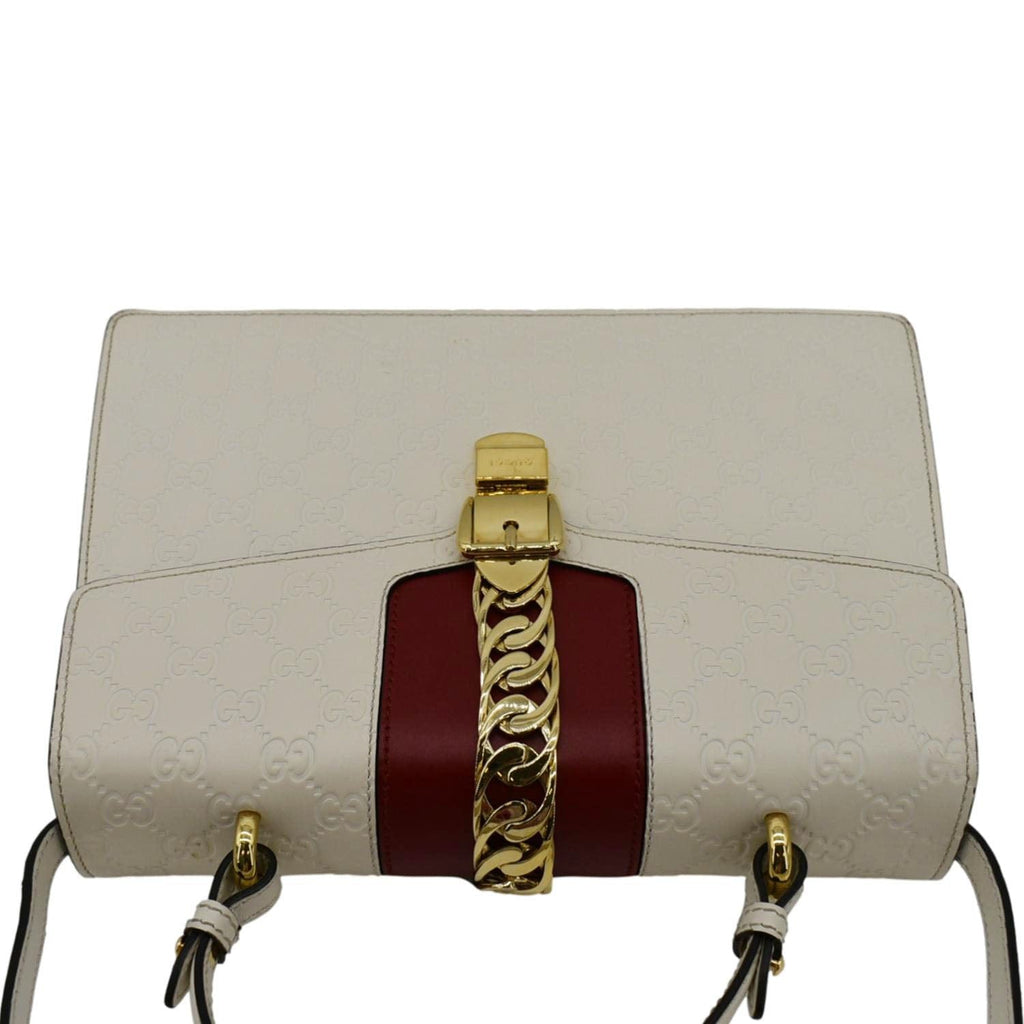GUCCI Sylvie Medium Gucci Signature Leather Top Handle Shoulder Bag Off White 431665