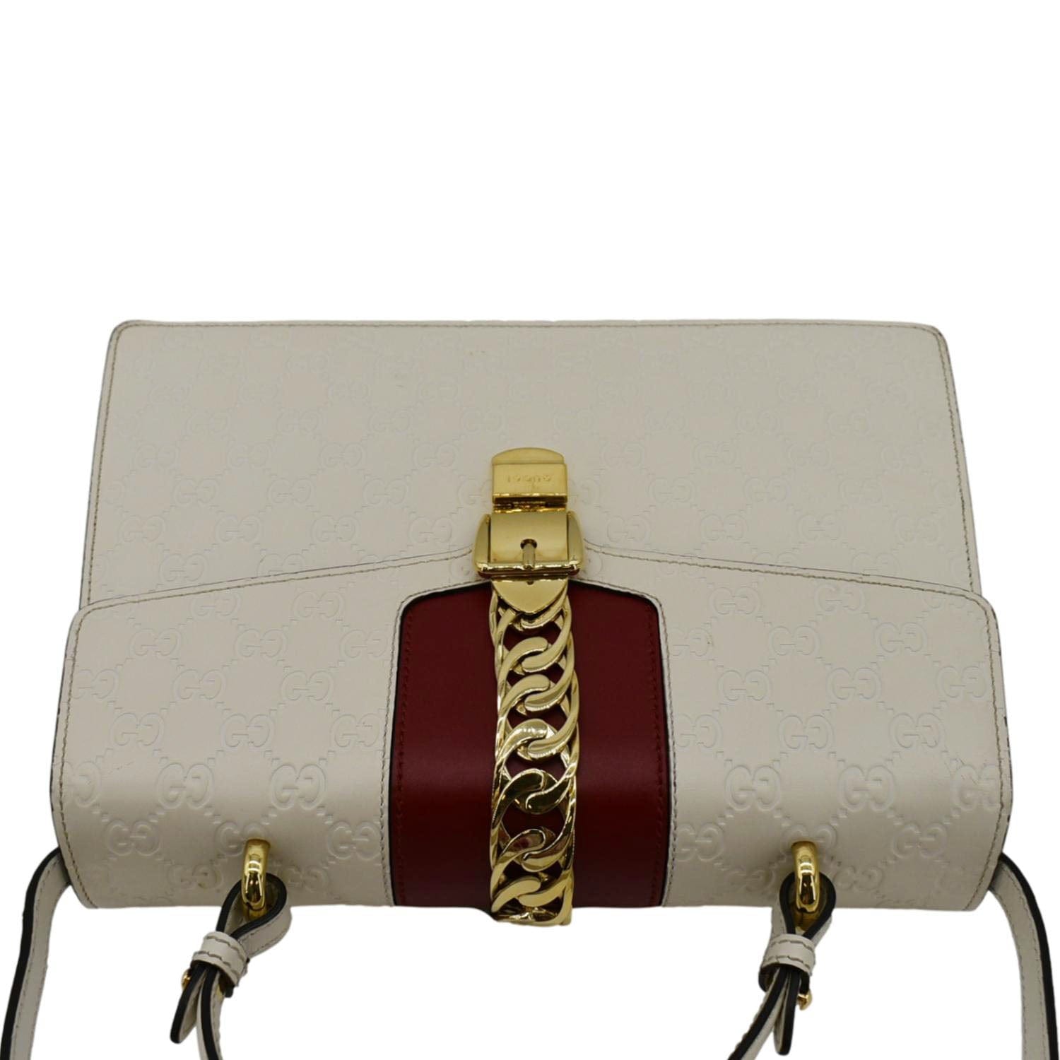 GUCCI Sylvie Medium Gucci Signature Leather Top Handle Shoulder Bag Off White 431665