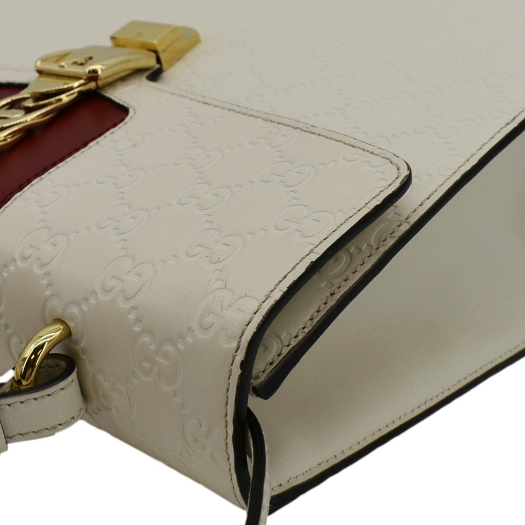 GUCCI Sylvie Medium Gucci Signature Leather Top Handle Shoulder Bag Off White 431665