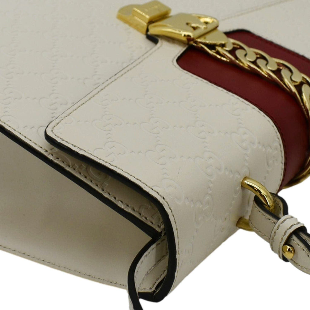 GUCCI Sylvie Medium Gucci Signature Leather Top Handle Shoulder Bag Off White 431665