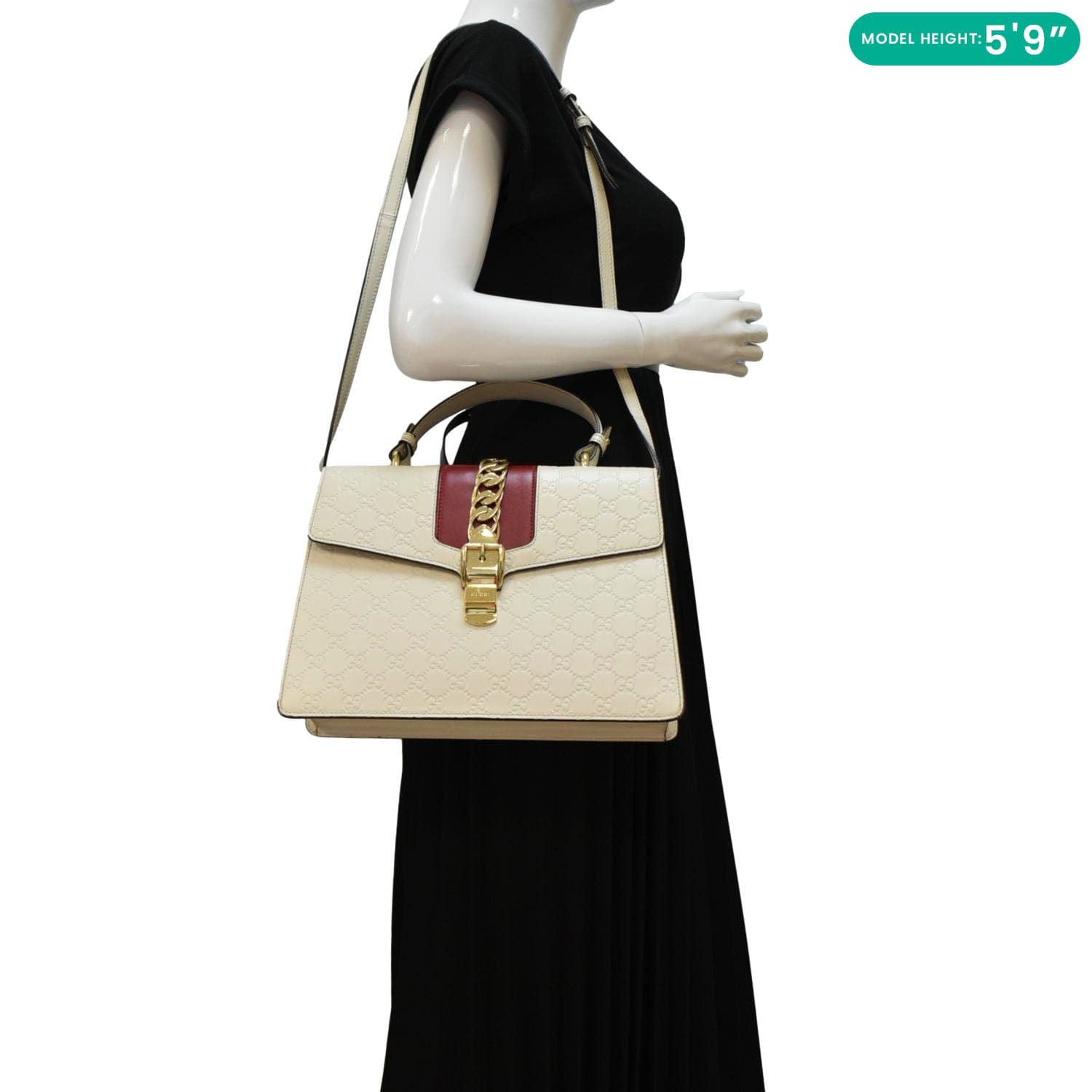GUCCI Sylvie Medium Gucci Signature Leather Top Handle Shoulder Bag Off White 431665
