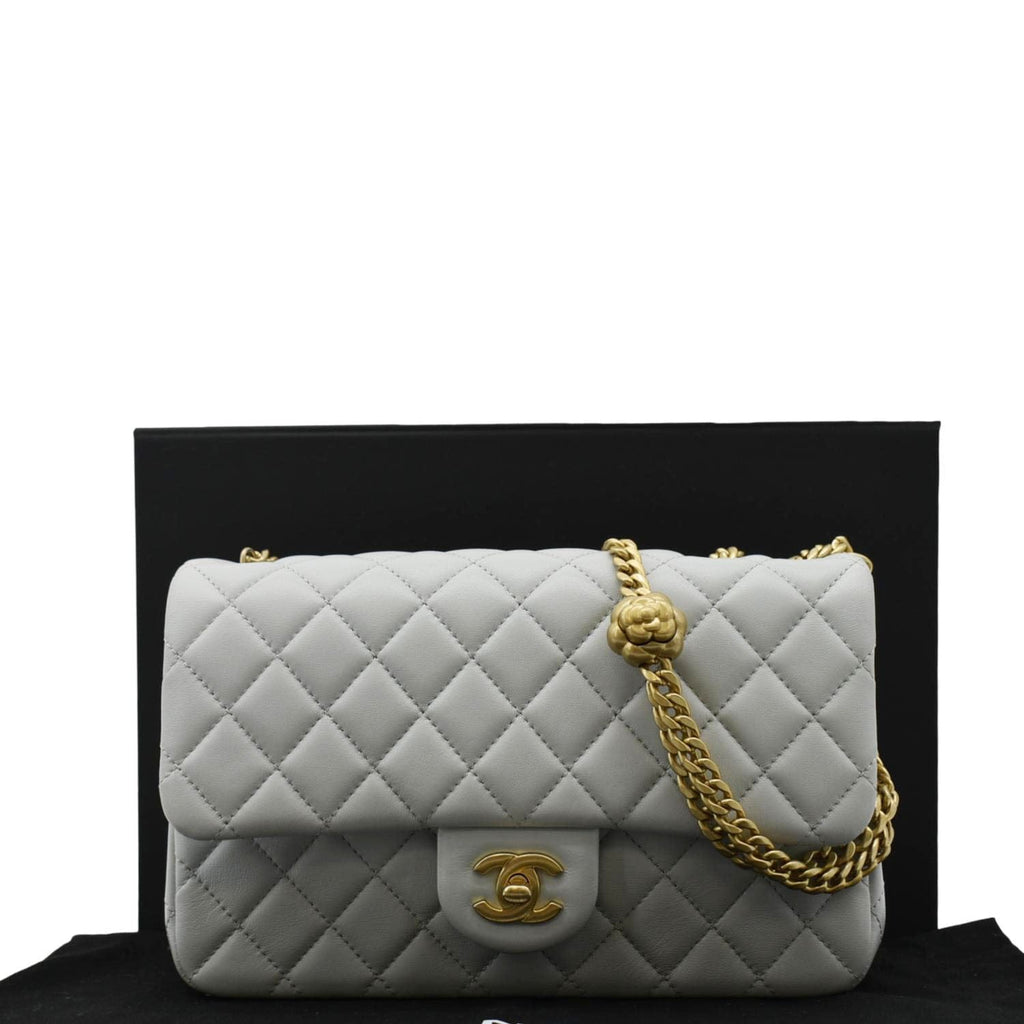 Chanel Sweet Camellia Flap Adjustable Chain WOC Quilted Leather Crossbody Bag Light Blue