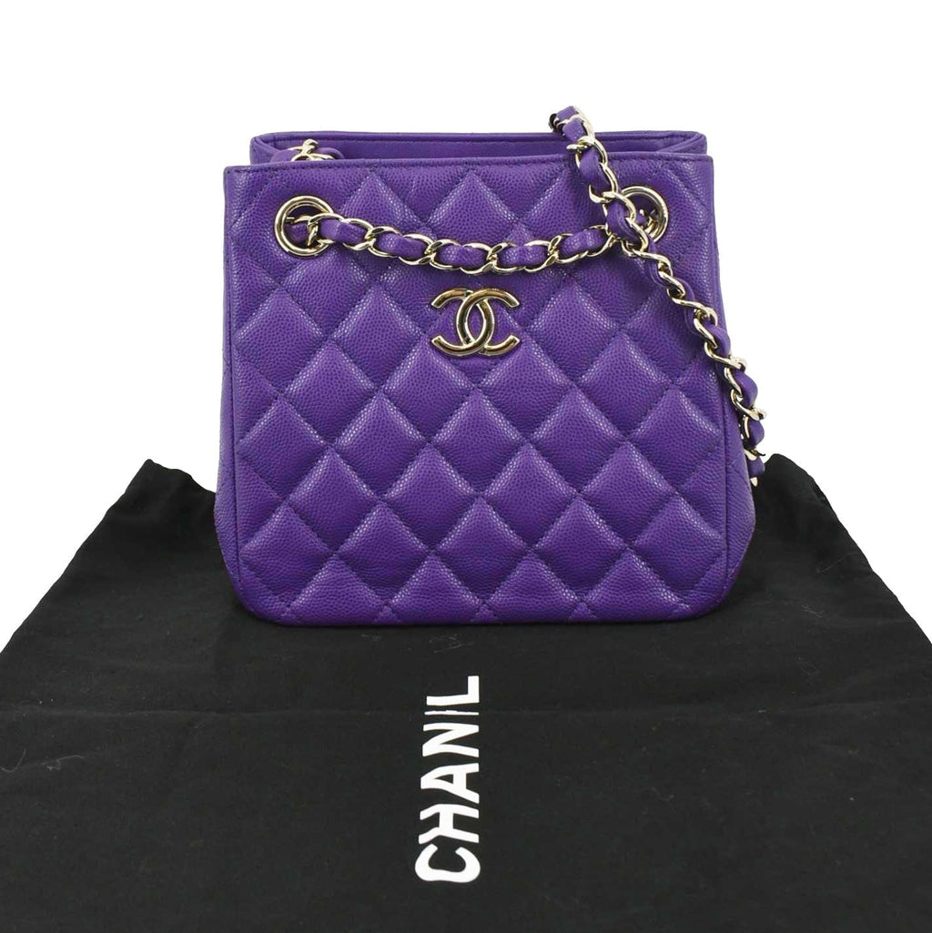 Chanel CC Quilted Caviar Leather Tote Bucket Bag Purple