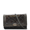 Chanel Boy WOC Quilted Patent Leather Wallet On Chain Shoulder Bag Black