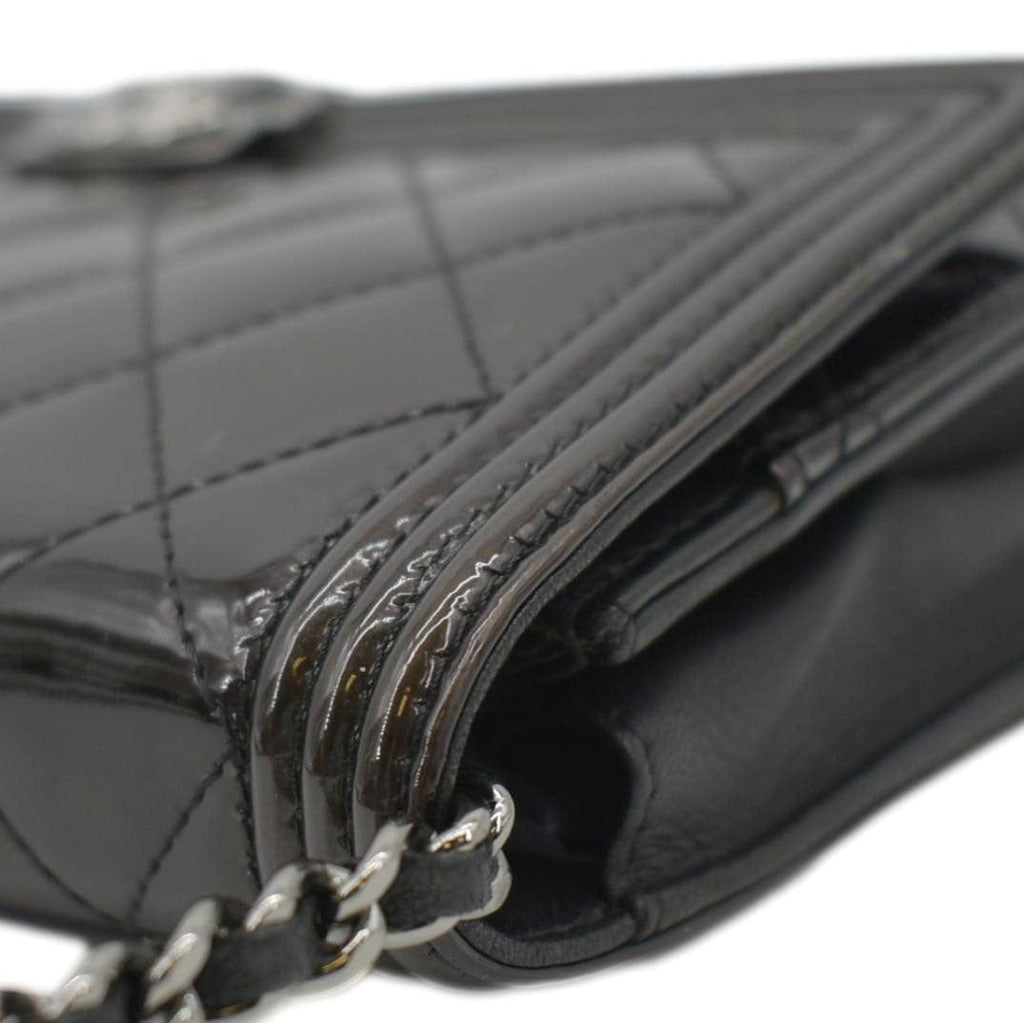 Chanel Boy WOC Quilted Patent Leather Wallet On Chain Shoulder Bag Black