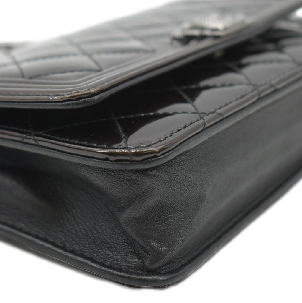 Chanel Boy WOC Quilted Patent Leather Wallet On Chain Shoulder Bag Black