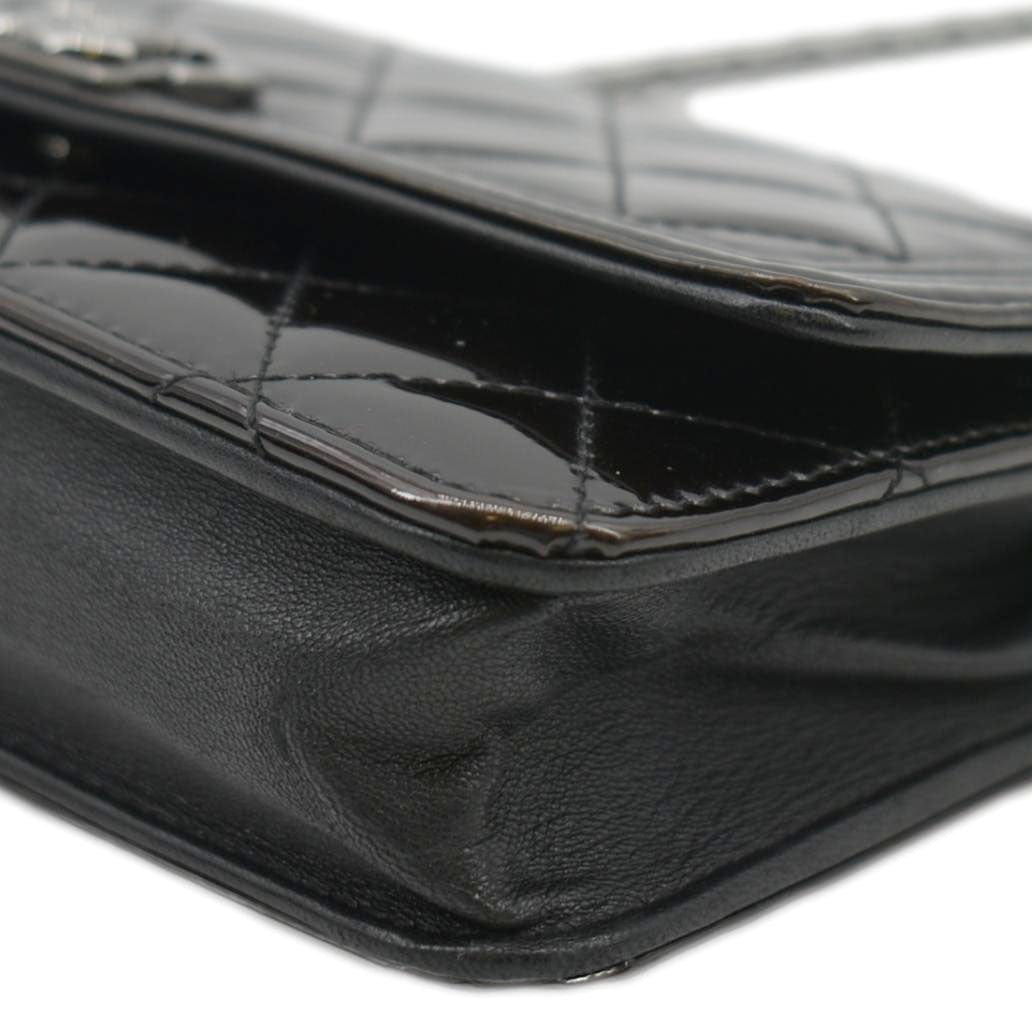 Chanel Boy WOC Quilted Patent Leather Wallet On Chain Shoulder Bag Black