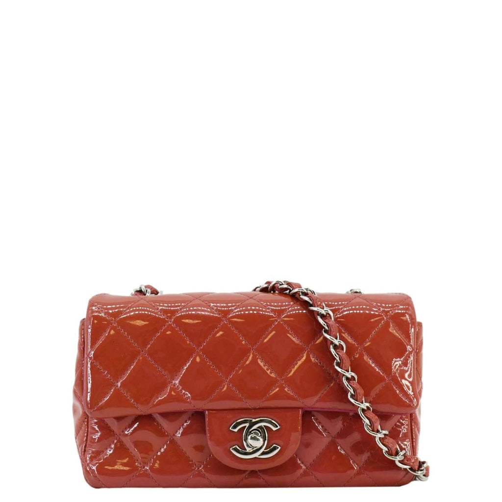 Chanel CC Mini Rectangular Flap Quilted Patent Leather Crossbody Bag Red