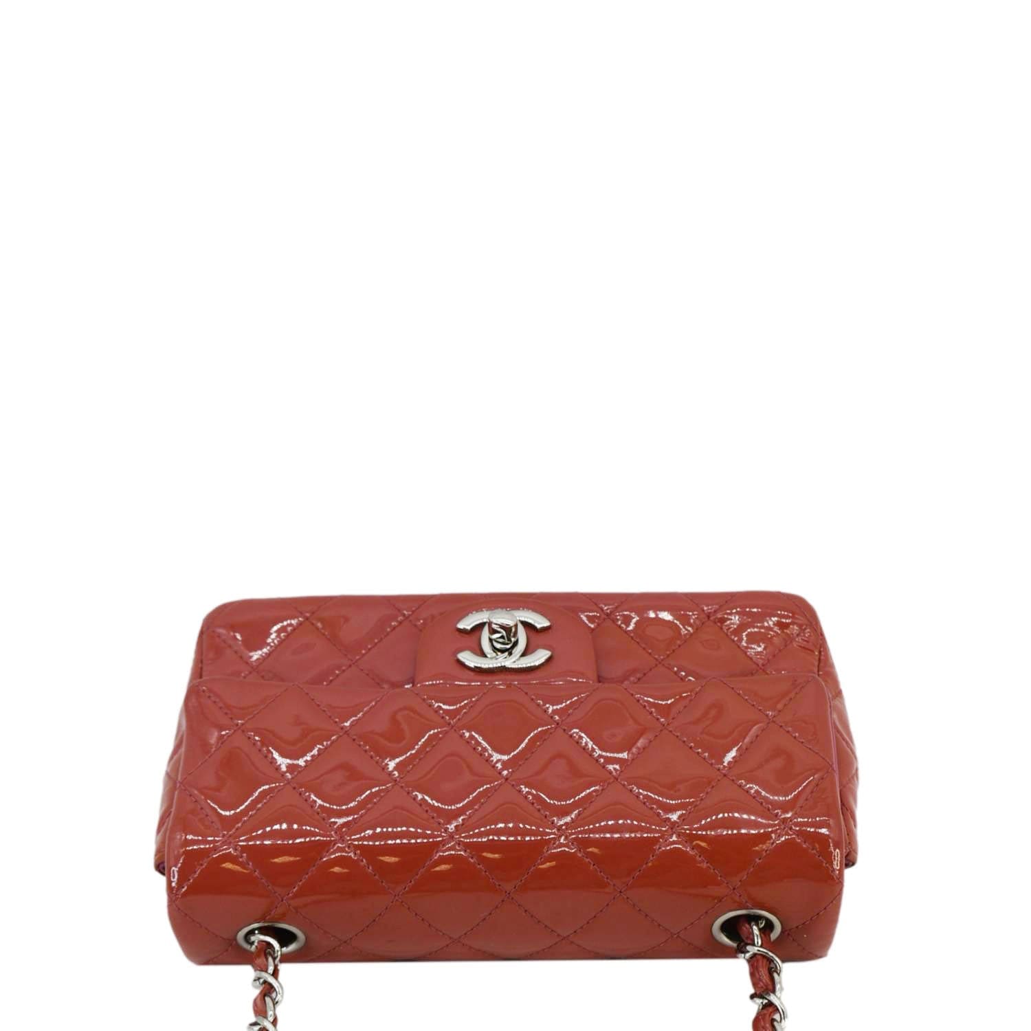 Chanel CC Mini Rectangular Flap Quilted Patent Leather Crossbody Bag Red