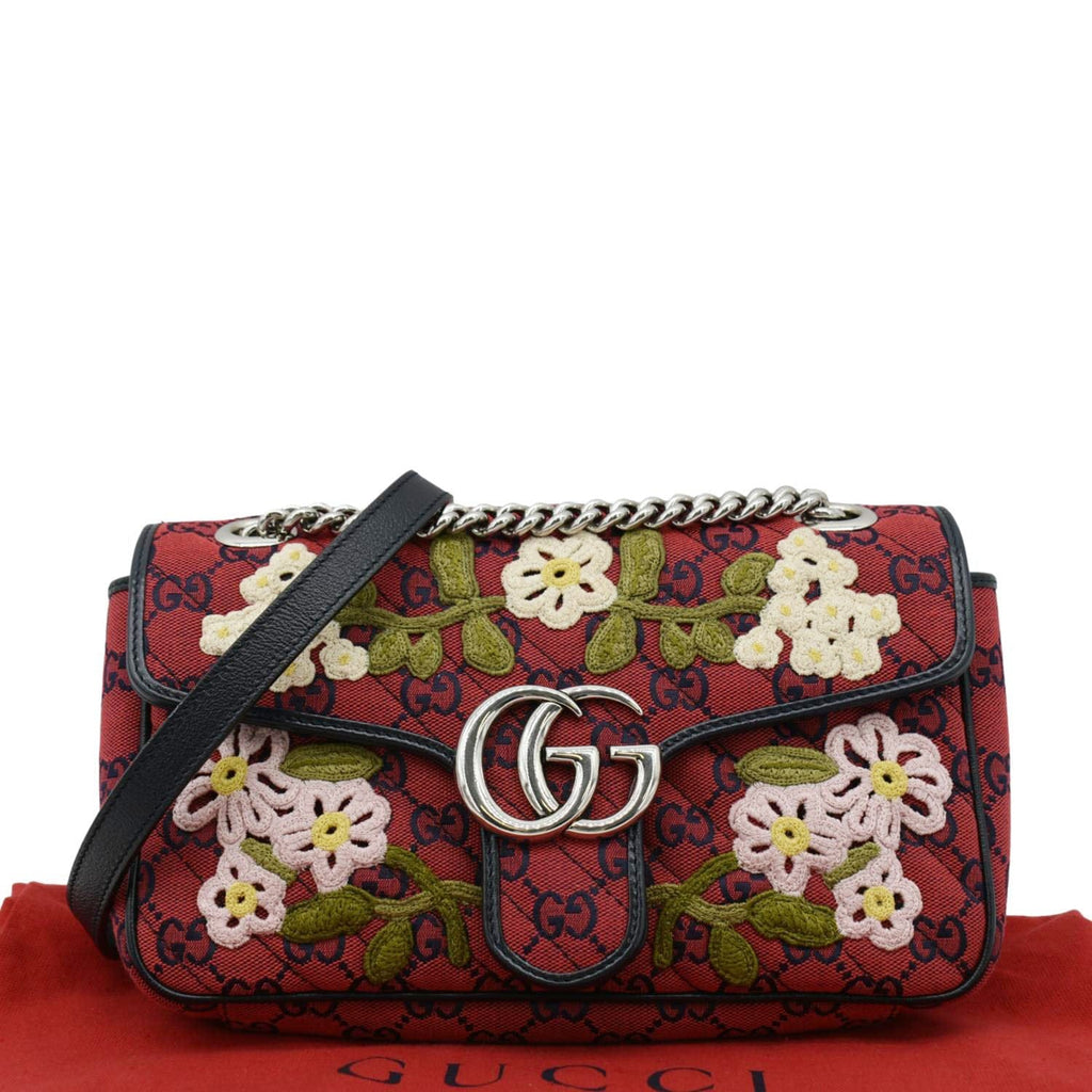 GUCCI Gucci Marmont Small Floral Embroidered Canvas Crossbody Bag Red 443497