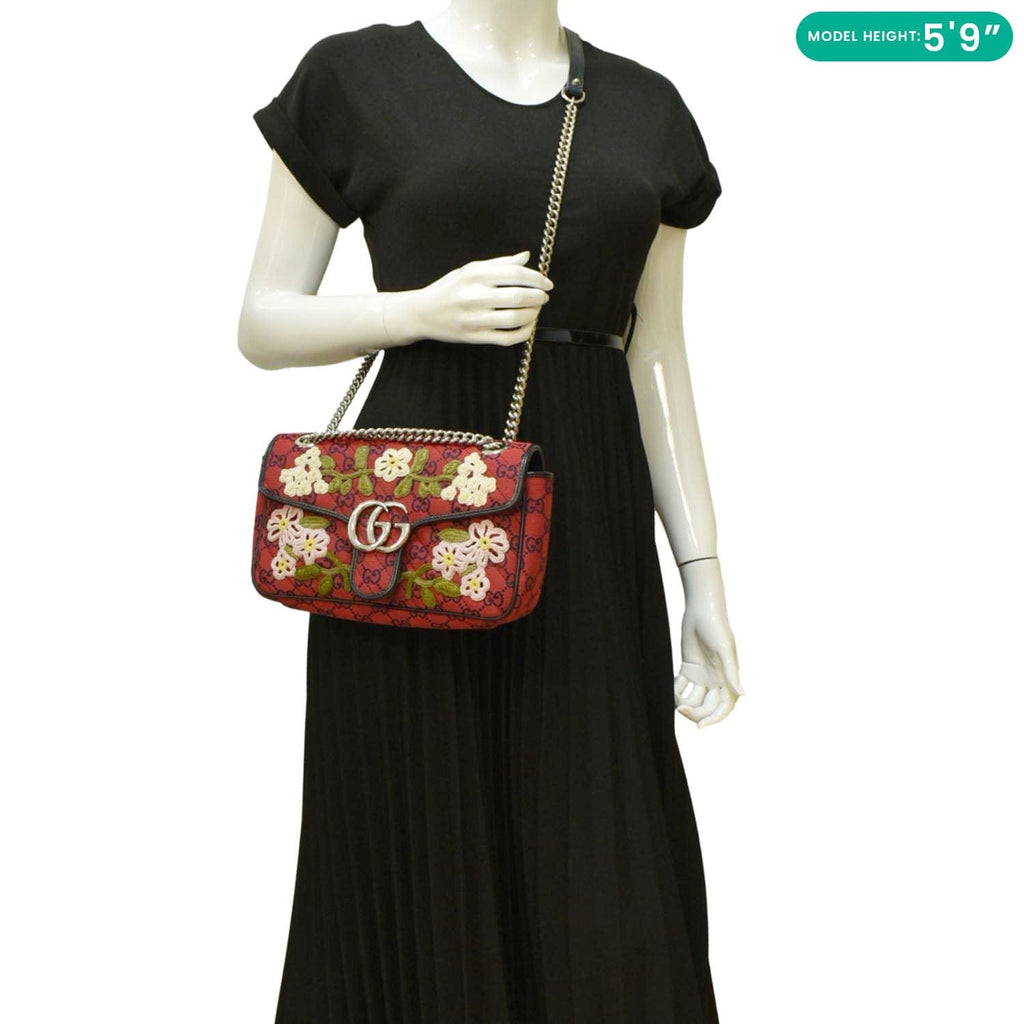 GUCCI Gucci Marmont Small Floral Embroidered Canvas Crossbody Bag Red 443497