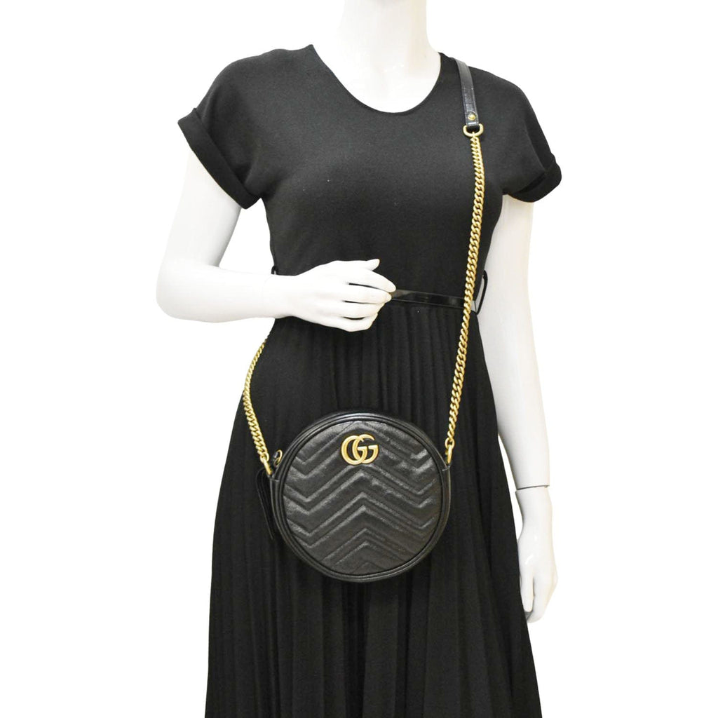 GUCCI Gucci Marmont Mini Round Leather Crossbody Bag Black 550154