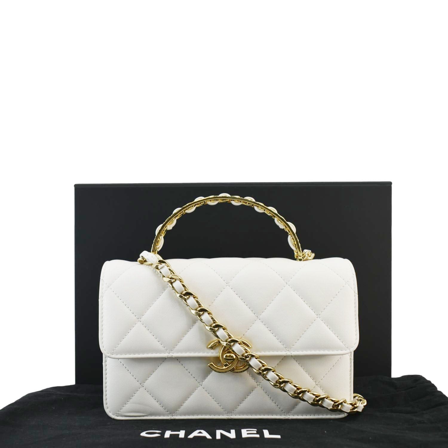 Chanel Top Handle Flap Quilted Leather Shoulder Bag White